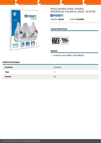 Mezcladora 4 Para Lavabo, Nariz Larga, Basic Foset 49590