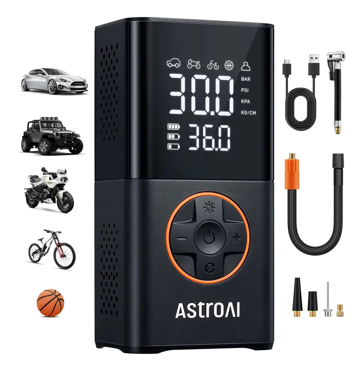 Inflador de neumáticos portátil AstroAI L7, inalámbrico, 150 PSI, pantalla digital y luces LED.