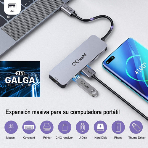 Imagen 8 de 10 de Adaptador Hub Qgeem 5 En 1 Usb C Hdmi 4k Usb 3.0 Sd Micro Sd
