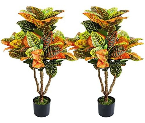 2 Plantas Artificiales De Croton, Árbol De Hojas De Viol [u]