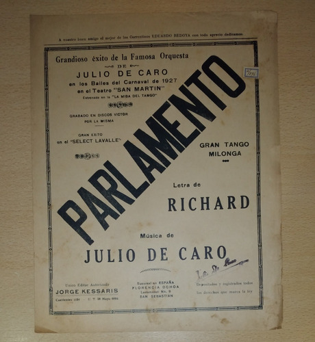 Partitura Parlamento Julio De Caro Gran Tango Milonga