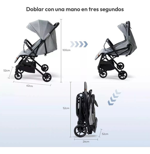 Carriola Para Bebé Reclinable De Bastón Cochecito Plegable Gris Gris