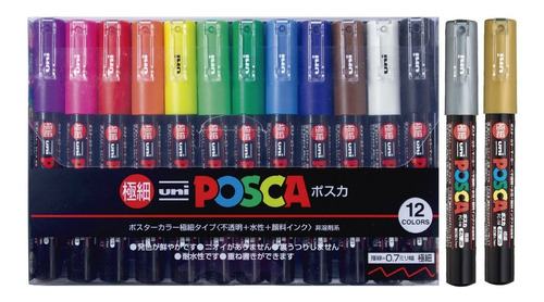 Marcadores Posca 1m Set 12 + Dorado + Plateado - 14 Colores