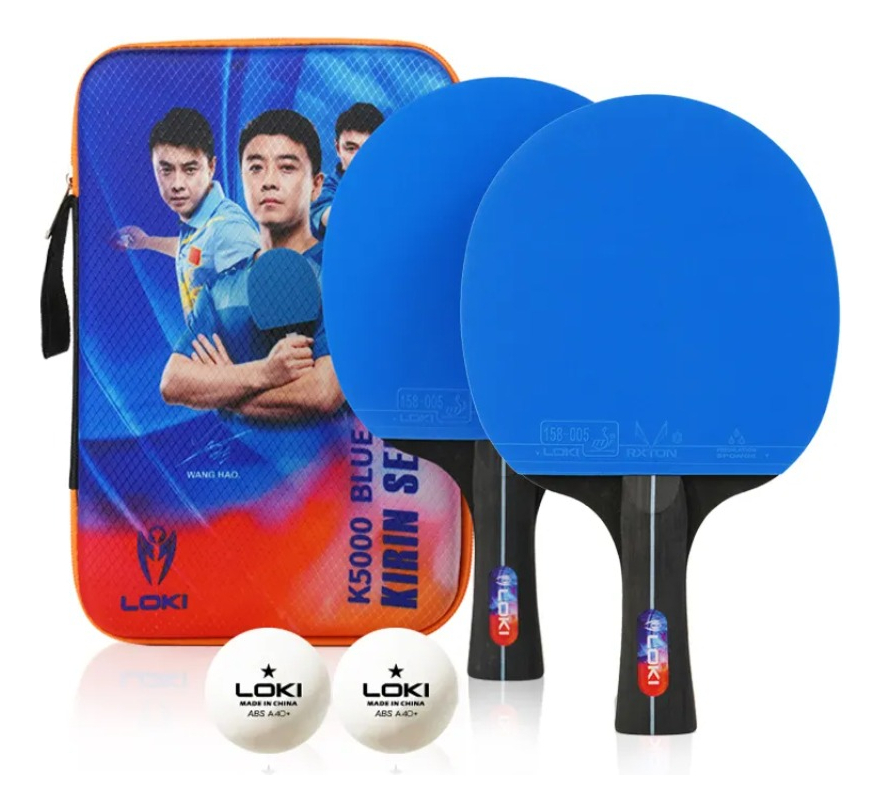 Pack X2 Paletas Loki De Ping Pong + 2 Pelotas + Estuche Color Azul-negro Tipo De Mango Fl (cóncavo)