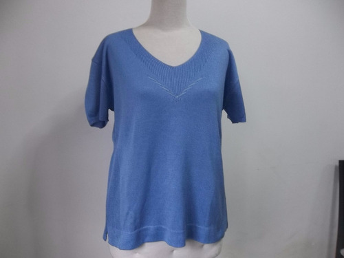 Remera De Hilo Escote En V Manga Corta Color Azul - Talle L