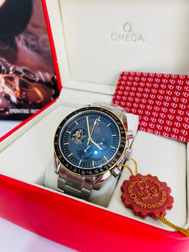 Bonito Reloj Pulsera Omega Apolo + Full Set Plata Plata Negro Azul