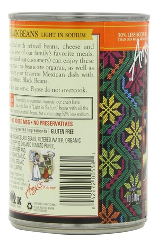 Luz De Amy En Frijoles Negros Refritos Sodio Orgánico, Latas