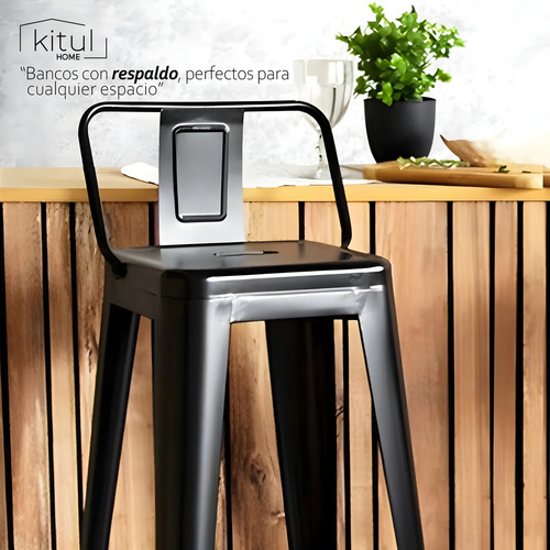 Set 2 Bancos Alto Respaldo Estructura Metálica Cocina Barra Color Negro
