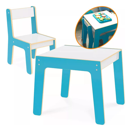 Mesa Com Cadeirinha De Madeira Resistente Para Crianças Azul