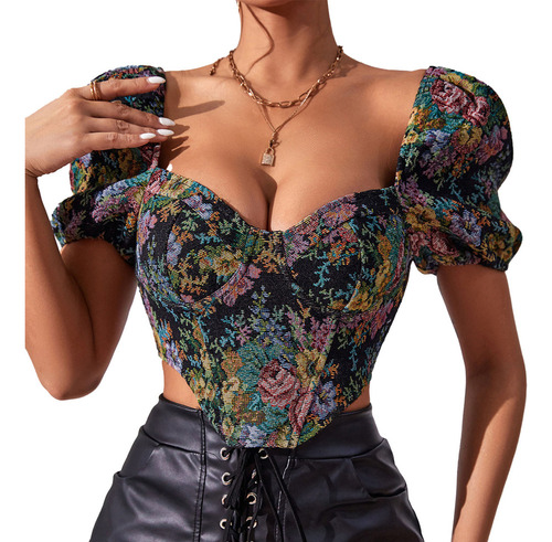 Top Corto Floral Con Mangas Abullonadas, Estilo Vintage, Est