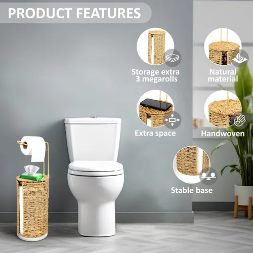 Soporte De Papel Higiénico De Mimbre Independiente Con Tapa,
