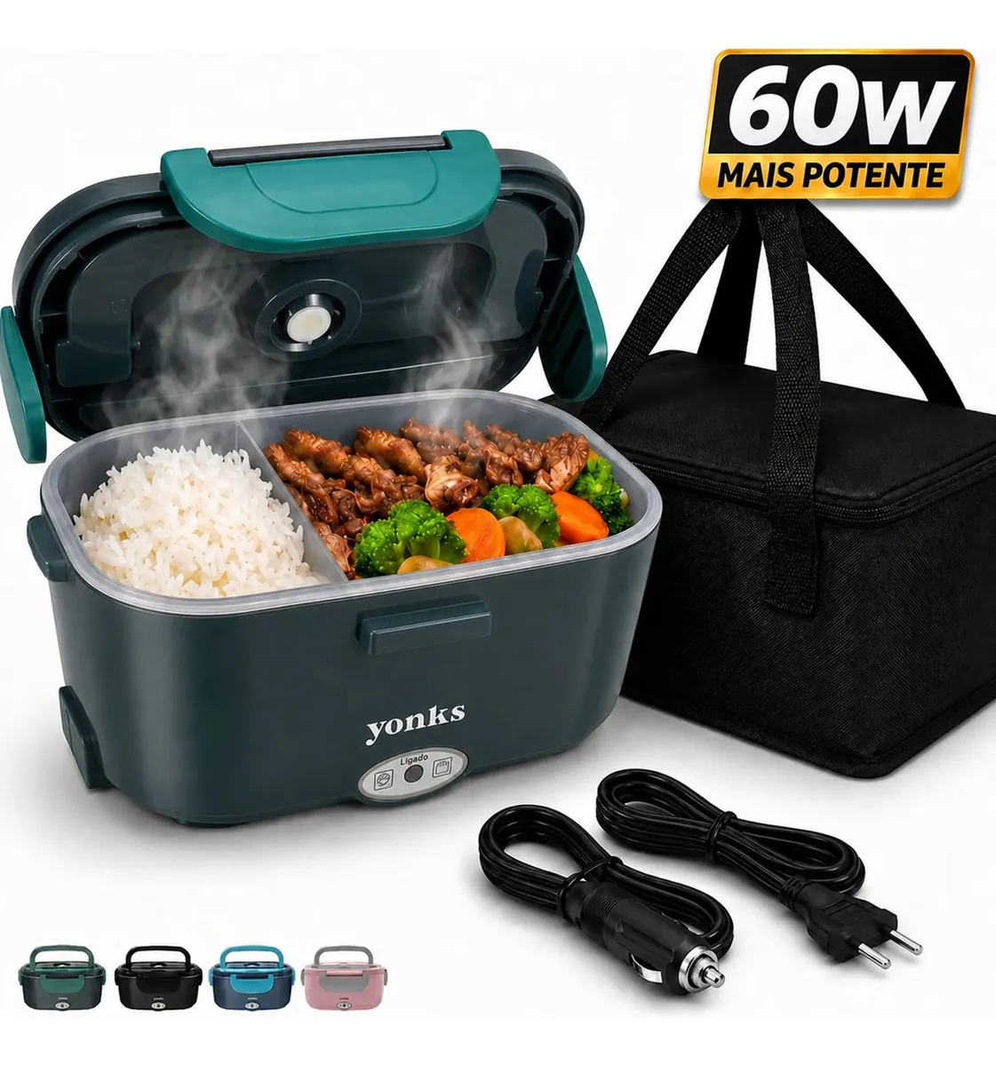 Marmita Elétrica Yonks 1,5L Bivolt 60W Residencial 110/220V e Veicular 12/24V Verde Bolsa Térmica Exclusiva