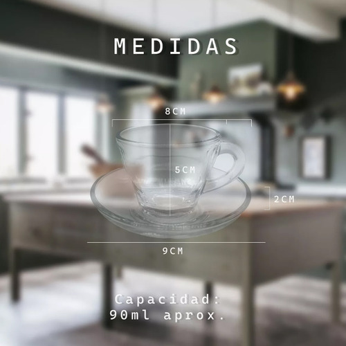 X6 Tazas De Café Con Plato 90 Ml Viena Vidrio Liso Color Transparente