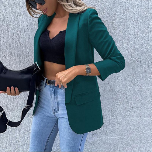 Chaqueta De Traje Liso Con Cuello Vuelto A La Moda Para Muje