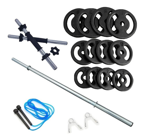 Kit 40kg Anilhas+2 Barras 40cm Com Rosca+1 Barra 120cm+corda