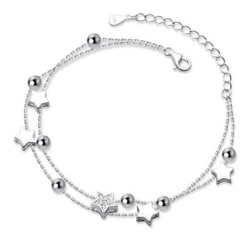 Pulsera De Plata Ley 925 Para Mujer Cuentas Redonda Estrella