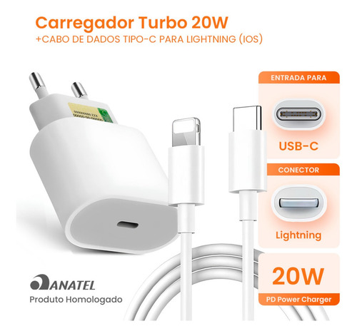 Carregador Turbo P/ Iphone 8 Plus X Xr 11 12 13 14 Pro Max Branco
