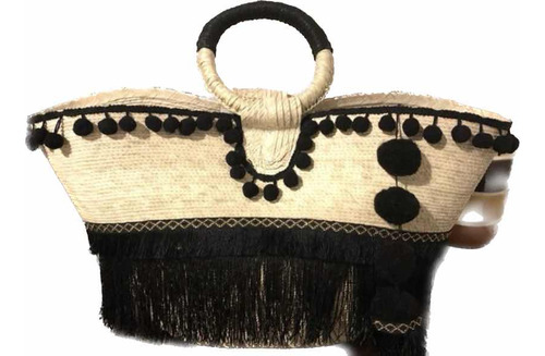 Bolsa De Palma Grande De Playa Con Pompón Negro