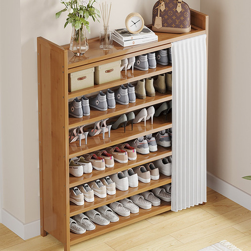 Zapatera Moderna Madera 7capas Entrada Con Cortina 70cm Marrón