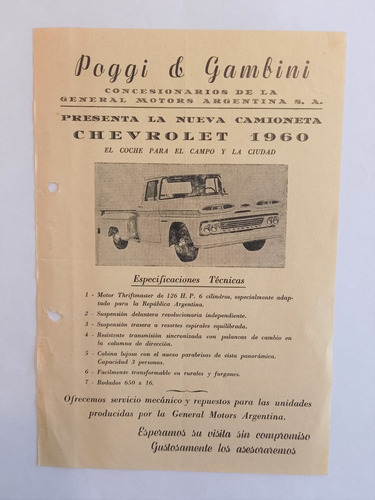 Folleto Publicitario Concesionaria - Camioneta Chevrolet 60'