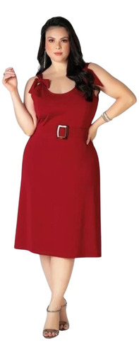 Vestido Vermelho Acinturado Com Cinto Plus Size Feminino