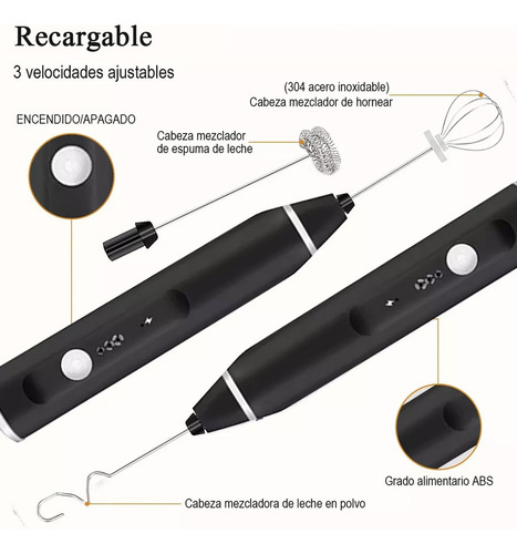 Batidor de Mano de Espuma Mini de Leche Eléctrico Espumador Recargable Negro