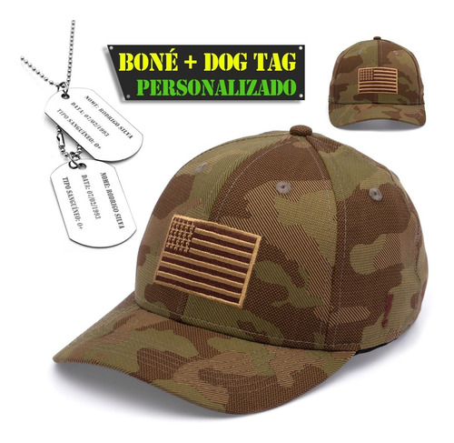 Boné Aba Curva Camuflado Militar Colar Dog Tag Personalizado