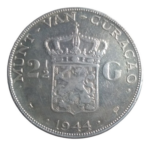 Moneda Isla Curazao 2 1/2 Florines Plata Ley 720 Año 1944
