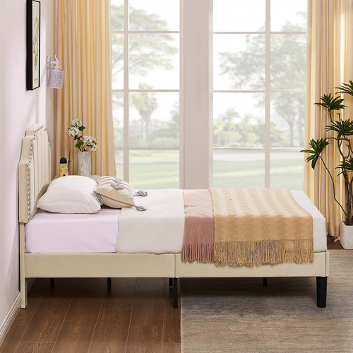 Base De Cama Tapizada Individual Con Cabecera Ajustable Beig