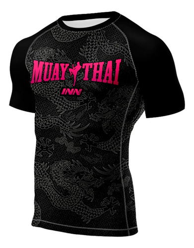 Camisa Rash Guard Muay Thai Manga Curta Dragon Thai Rosa