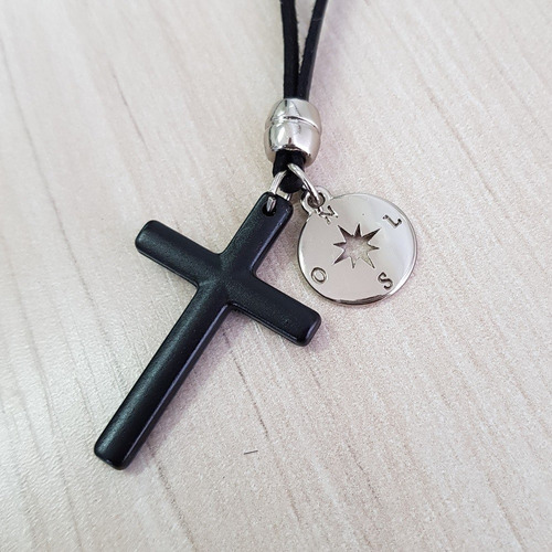 Colar Cordao Masculino Cruz Crucifixo Black Medalha Me Guia