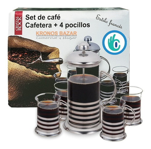 Set Cafetera Embolo 600 Ml Prensa Francesa + 4 Jarritos Cafe