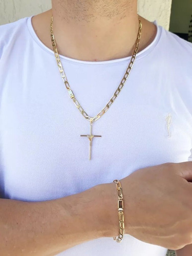 Imagem 5 de 8 de Conjunto Corrente Pulseira Pingente Banhada Ouro Masculino