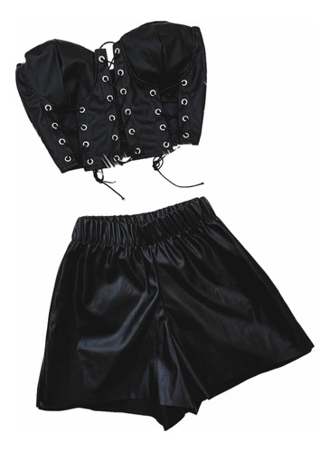 Conjunto Short Eco Cuero Negro Y Top Corset Eco Cuero Negro