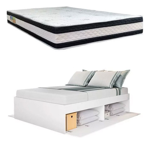 Sommier Cama De 2 Plazas Con Baul + Colchón Espuma D33 Delta