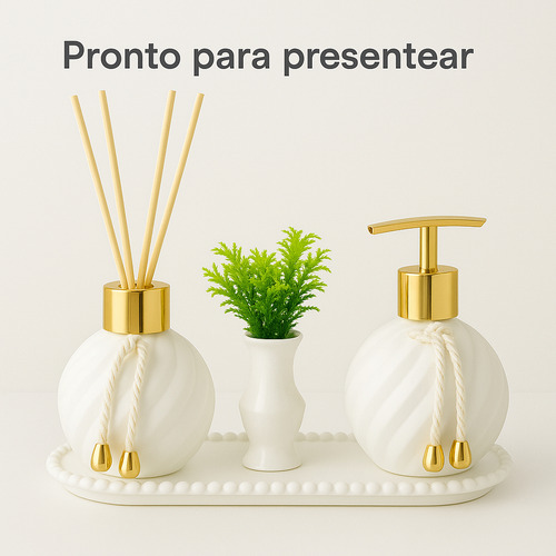 Kit Lavabo Para Banheiro Aromatizador Difusor De Ambiente Luxo Com Vasinho E Bandeja Cor Branco