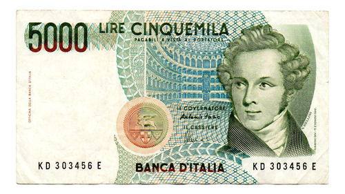 Billete Italia 5000 Lire, Pick 111c, Año 1996 Usado Bueno