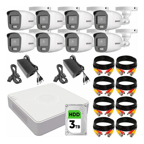 Epcom Kit Video Vigilancia Turbo HD 8 Cámaras de 2 MP B8-KIT-CV/A-PLUS3S con Micrófono Integrado Disco Duro 3 TB + Accesorios Cámaras de Seguridad Color Vu de Alta Resolución con Visión Nocturna