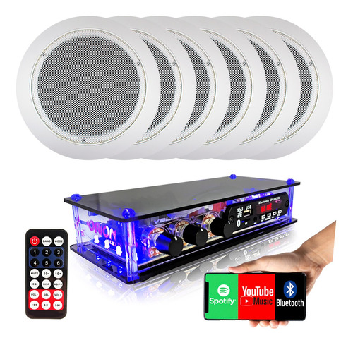 Kit 6 Caixas De Teto + Amplificador Bluetooth Usb Sd  Pc Tv