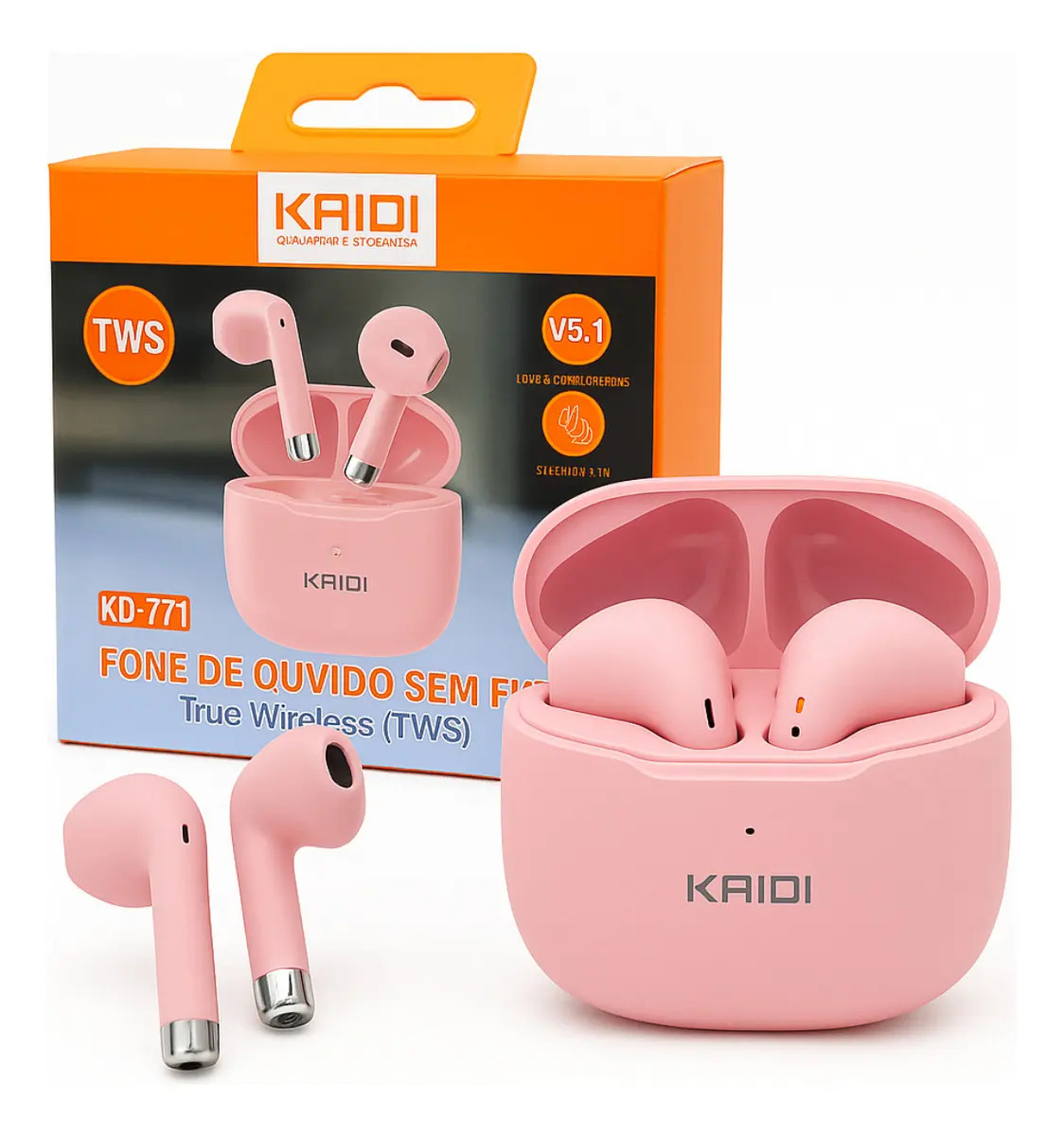 Fone De Ouvido Sem Fio Tws Bluetooth 5.1 Kaidi Kd-771 Cor Rosa