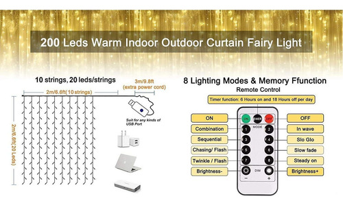Luces De Cortina Usb Hada Cadena Brillante Luces 200 Led 2m