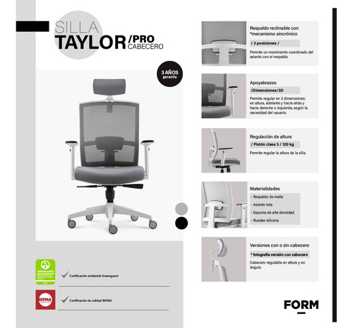 Silla Oficina Ergonómica Con Cabecero Taylor Gris Form Gris
