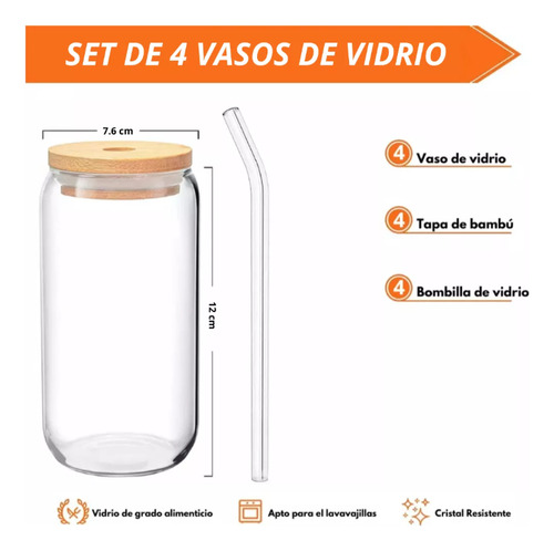Nuevo Pack De 4vasos De Vidrio Con Tapa De Bambú +bombilla