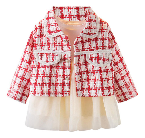 Chaqueta De Manga Larga Con Falda A Cuadros Para Niñas, Conj