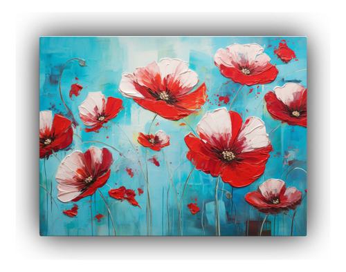 60x40cm Pintura Flor Roja Y Turquesa En Lienzo Bastidor Made