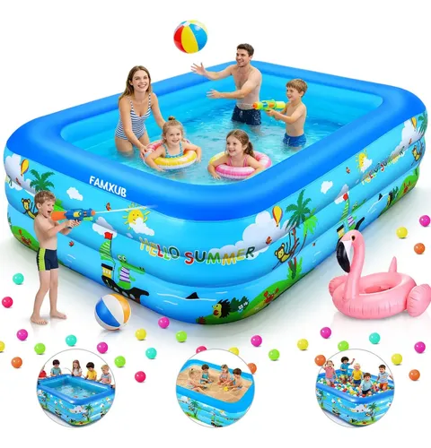 Alberca Inflable 180*130*56cm Piscina Niños Familiar Rectangular Azul Grandes Agua de 800L, FAMXUB Juego Piscinas Verano Engrosada de tres plantas para Jardín, Patio, Fiesta, interiores y exteriores