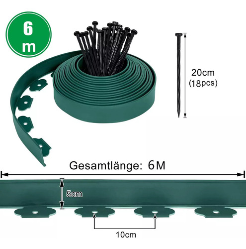 Limitador De Jardín Borde Separador Césped 5cm×6m Con Clavos