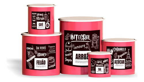 Kit 5 Potes De Mantimentos Plástico Decorado Preto Pb Frases Cor Conjunto 5 Rosa Pbfrases