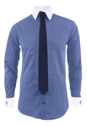  Camisa Corbata  Puño Mancornas Azul Y Blanco Manga Larga