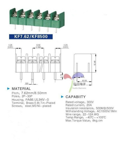 5 Piezas Clema Conector De 3 Terminales 7.62mm 300v 20a